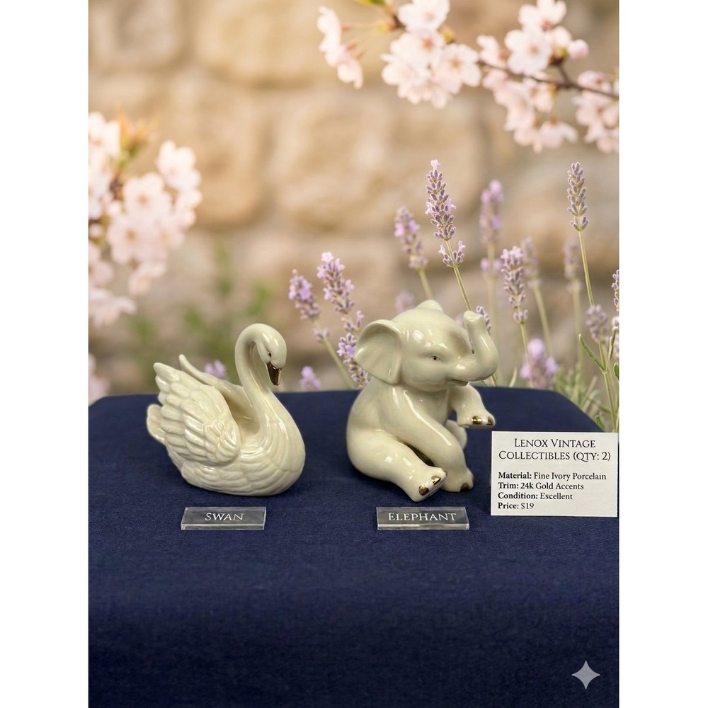 Lenox Vintage Collectibles OS Ivory 24k Gold Swan Elephant Figurines Set